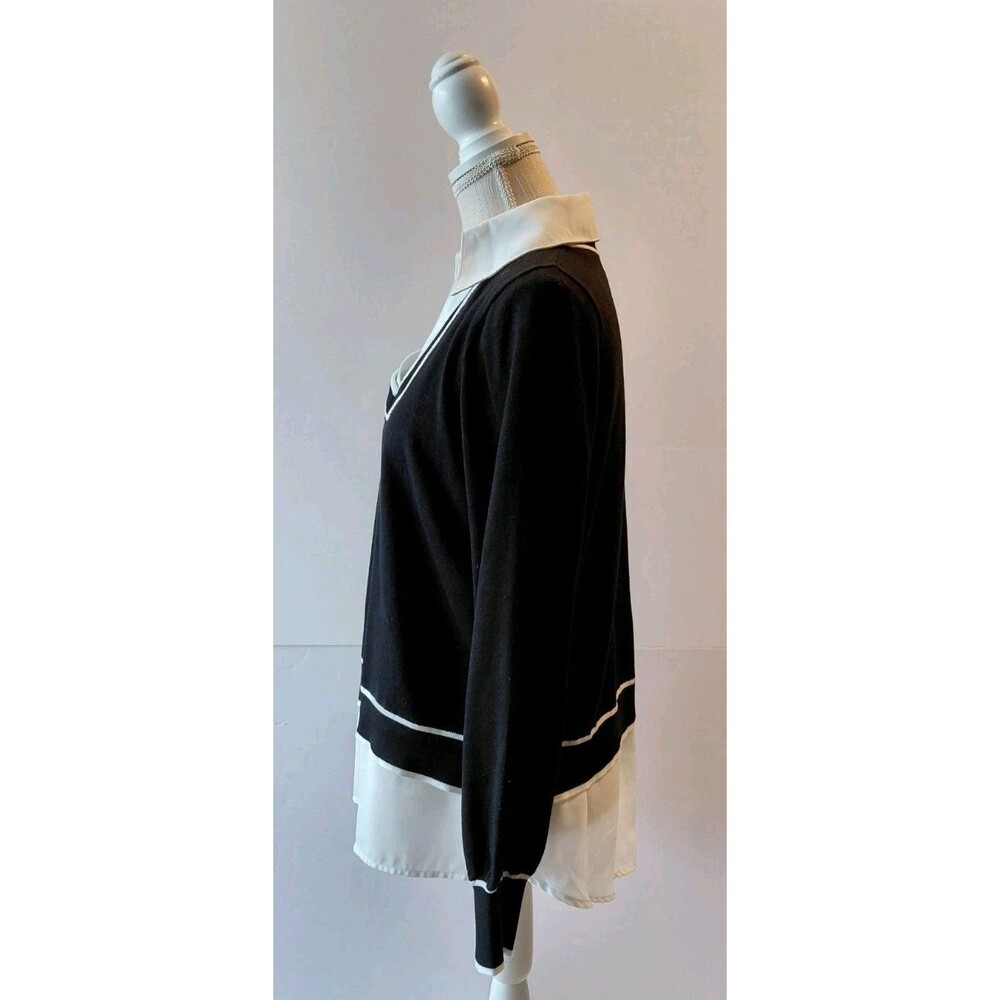Adrianna Papell Size L Black Bishop Sleeve V-Neck Sweater White Collar and Tails - Picture 2 of 9